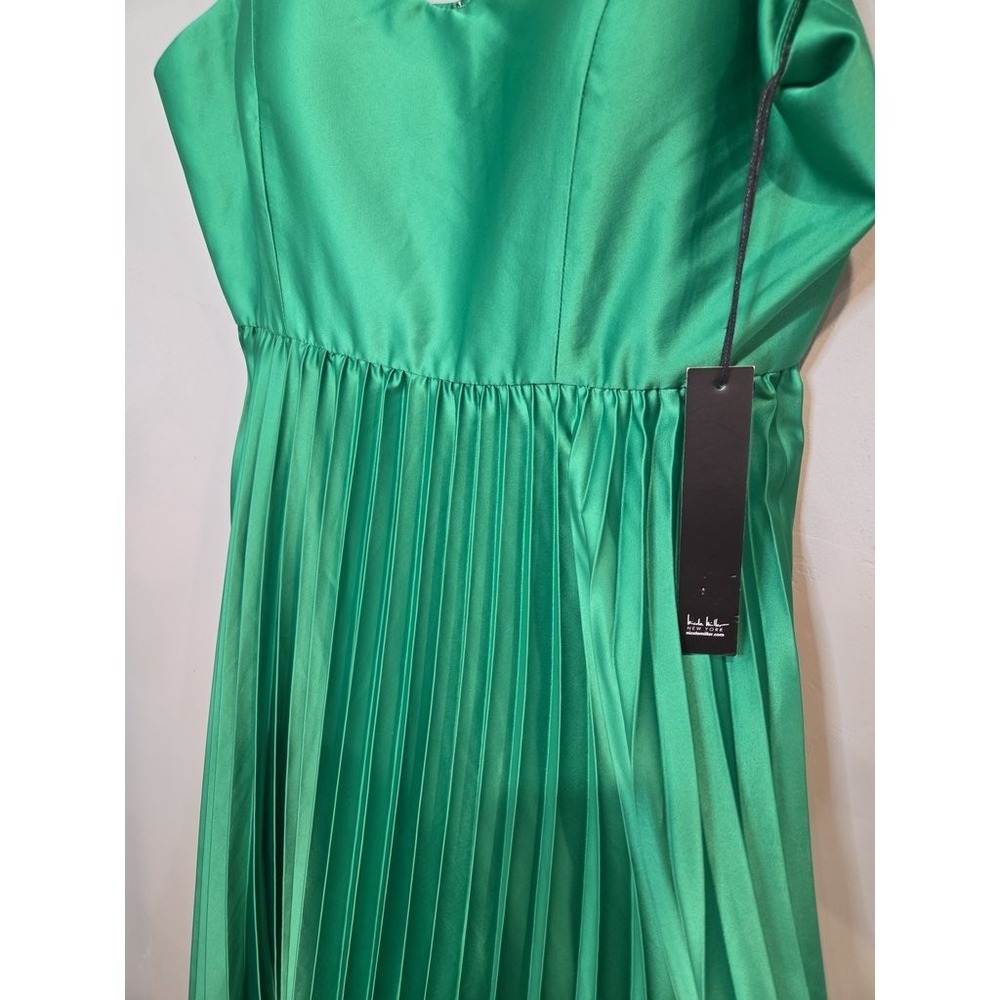 Nicole Miller New York Pleated Satin Midi Dress Green Womens 12 Spaghetti Strap - Picture 3 of 4